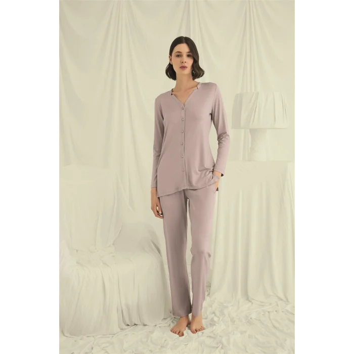 Luz&Pos  Uzun Kollu Boydan Düğmeli V Yaka Pijama Takımı