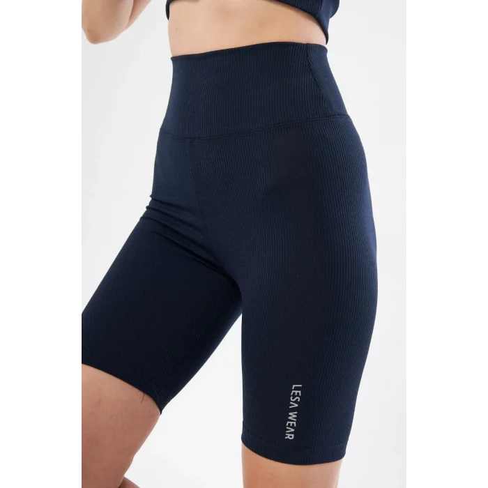 Luz&Pos Yüksek Bel Fitilli Biker Baskılı Şort - Lacivert