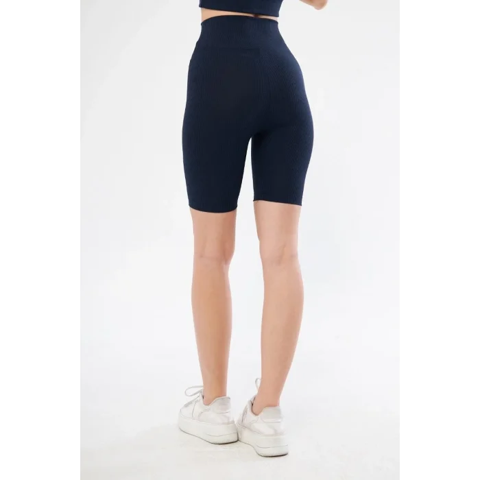 Luz&Pos Yüksek Bel Fitilli Biker Baskılı Şort - Lacivert