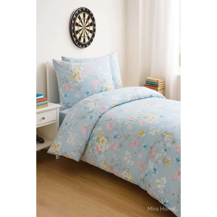 Mavi Çiçek Desenli Pamuklu Tek Kişilik Nevresim Takım