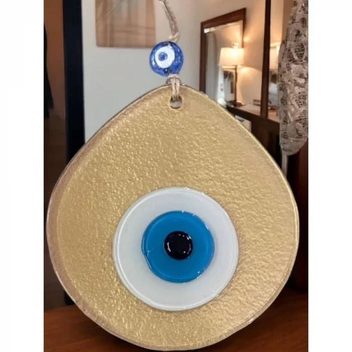 Mavi Nazar Boncuklu Gold Renk Nazar Boncuklu Damla Desen El Yapımı Duvar Süsü