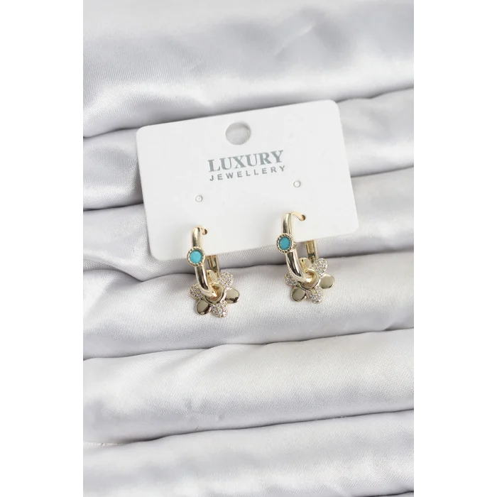 Mavi Taş Detaylı Pirinç Gold Renk Kadın Göçmen Küpesi