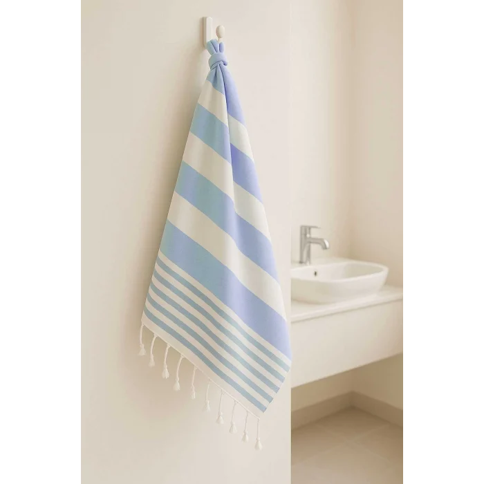 Mimoza Unisex Peştemal Plaj Havlusu 100x180 Cm &#37;100 Pamuklu Soft Mavi-Açık Mavi