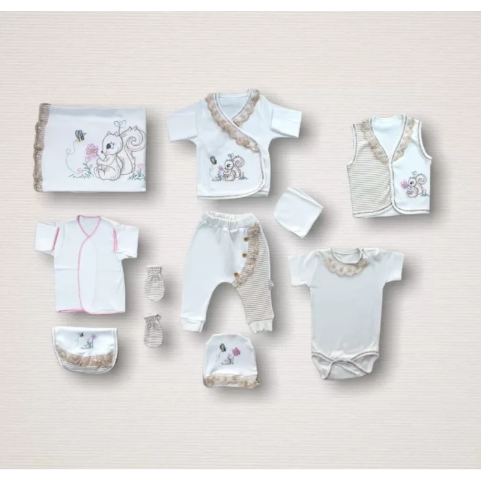 Luz&Pos Minik Sincap Nakışlı  10lu Zıbın Takımı Hastane Çıkışı Ekru