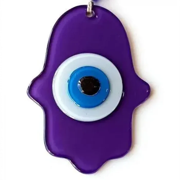 Nazar Boncuklu Şeffaf Mor Fatma Ana Bereket Eli Cam Duvar Süsü