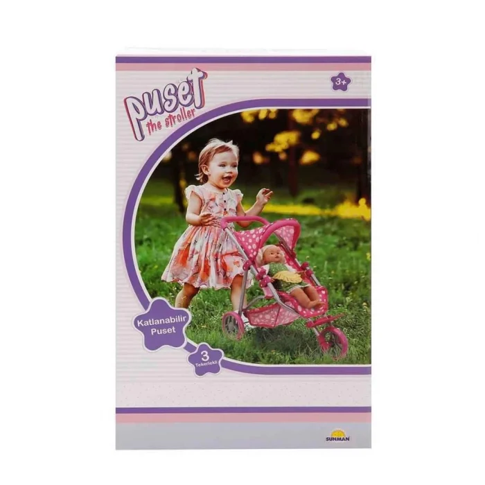 0663 Puantiye Desenli, 3 Tekerlekli ve Tenteli Oyuncak Puset - NessiWorld