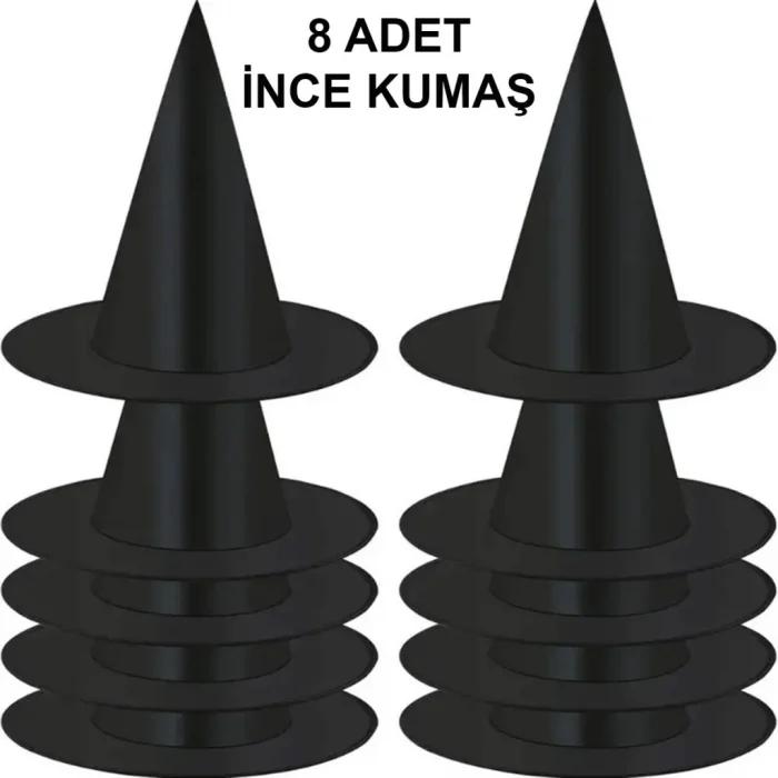 8 Adet Siyah Cadı Şapkası – Yetişkin & Çocuk Kostüm ANessiWorldesuarı