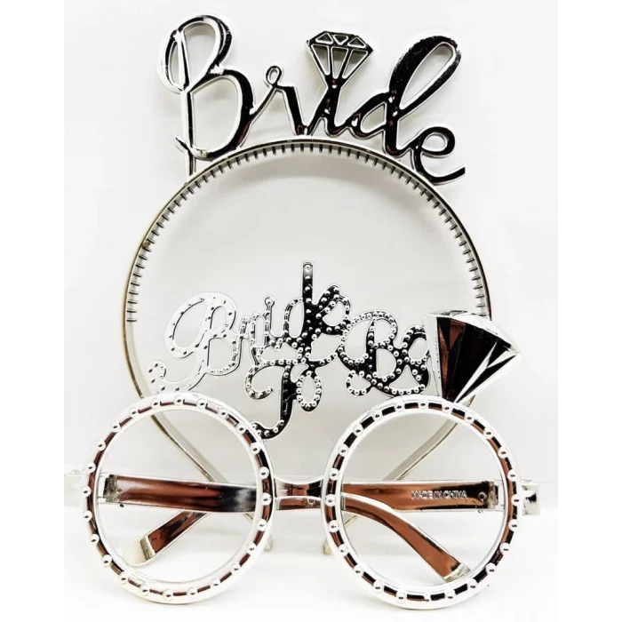 Bride Yazılı Taç ve Bride To Be Yazılı Gözlü  Seti Gümüş Renk NessiWorld