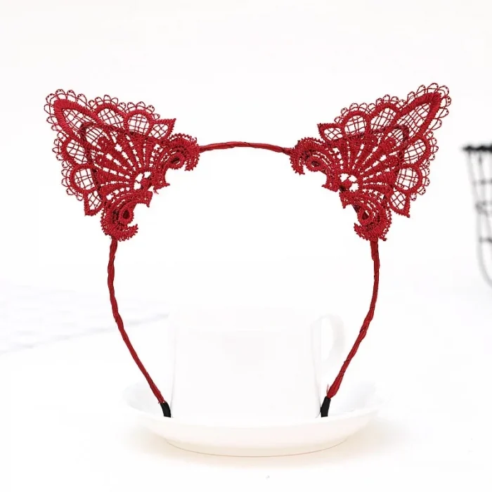 Dantelli Kırmızı Kedi Tacı - Vintage Tarz Dantel Kedi Kulak