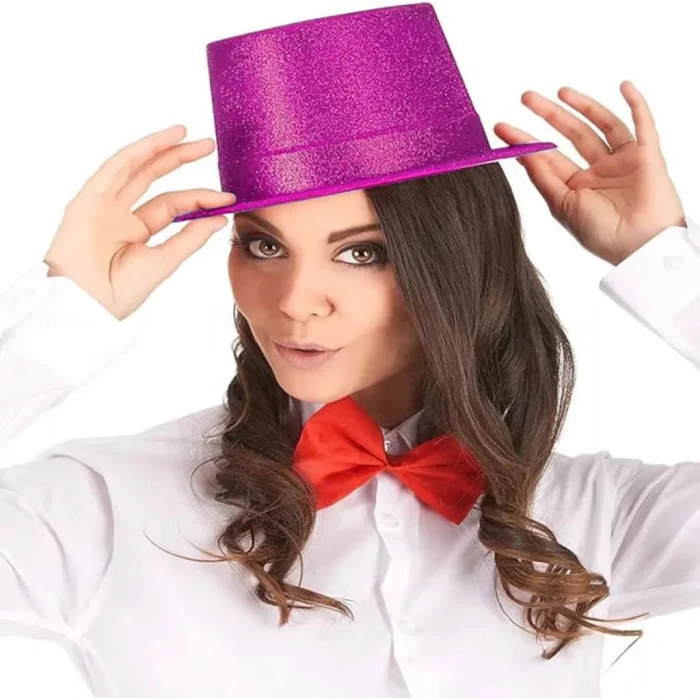 Fuşya Pembe Renk Parıltılı Simli Fötr Silindir Parti Şapkası