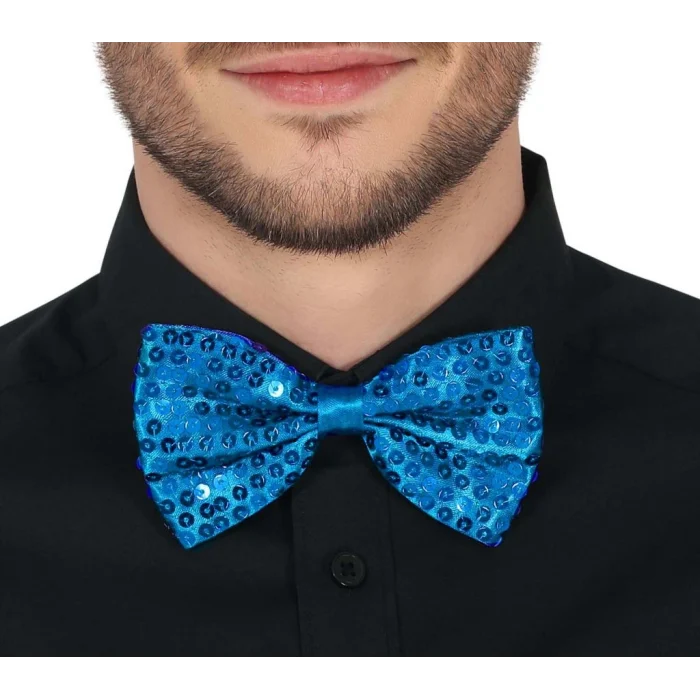 Gece Işıltısı Açık Mavi Turkuaz Payetli Pullu Papyon 7x2 cm