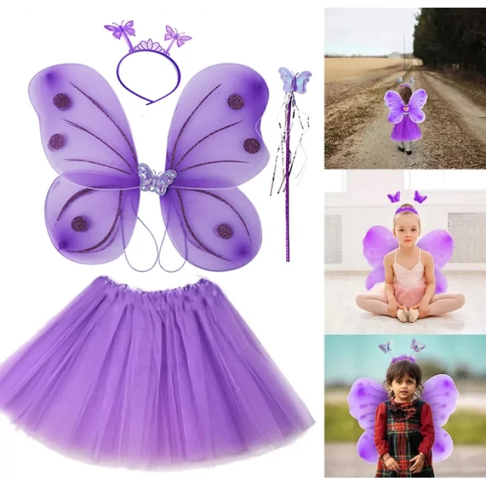 Lila Mor Kelebek Kostümü - Lila Mor Kelebek Kostüm ANessiWorldesuar Seti 4 Parça