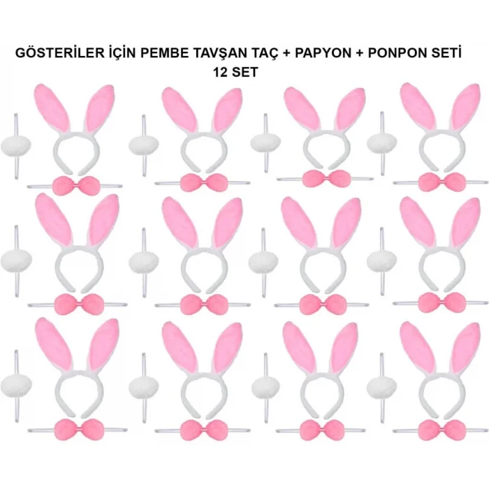 Pembe Tavşan Kostüm Seti – Taç, Papyon, Ponpon (12’li Paket)