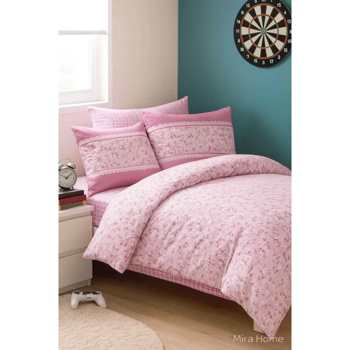 Pembe Çiçek Desenli Pamuklu Tek Kişilik Nevresim Takımı