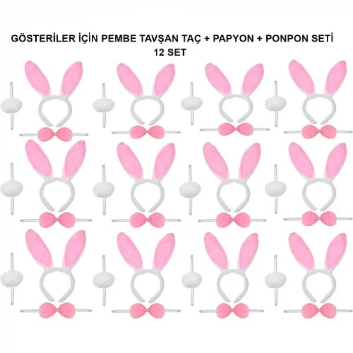 Pembe Tavşan Kostüm Seti – Taç, Papyon, Ponpon (12’li Paket)
