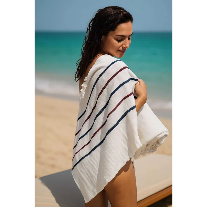 Peştemal Plaj Havlusu &#37;100 Pamuklu 70x150 Cm  Beyaz Waves