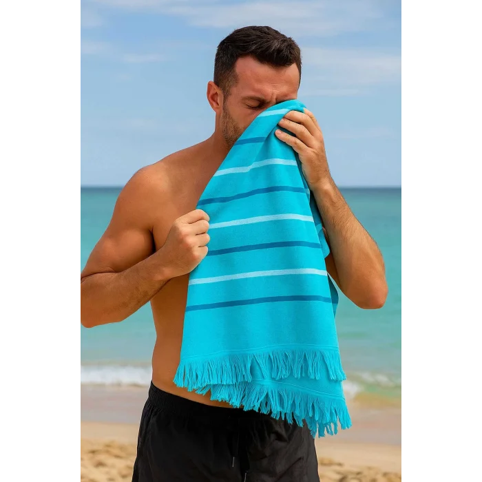 Peştemal Plaj Havlusu &#37;100 Pamuklu 70x150 Cm  Turkuaz Waves