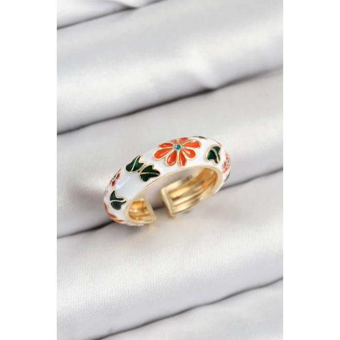 Pirinç Beyaz Mineli Çiçek Motifli Gold Renk Ayarlanabilir Kadın Yüzük