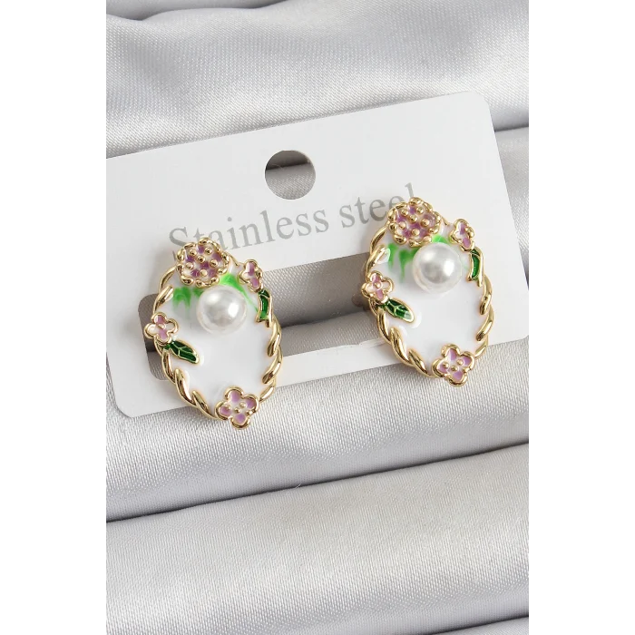 Pirinç Beyaz Mineli İnci Detaylı Sanatsal Portre Model Gold Renk Kadın Küpe