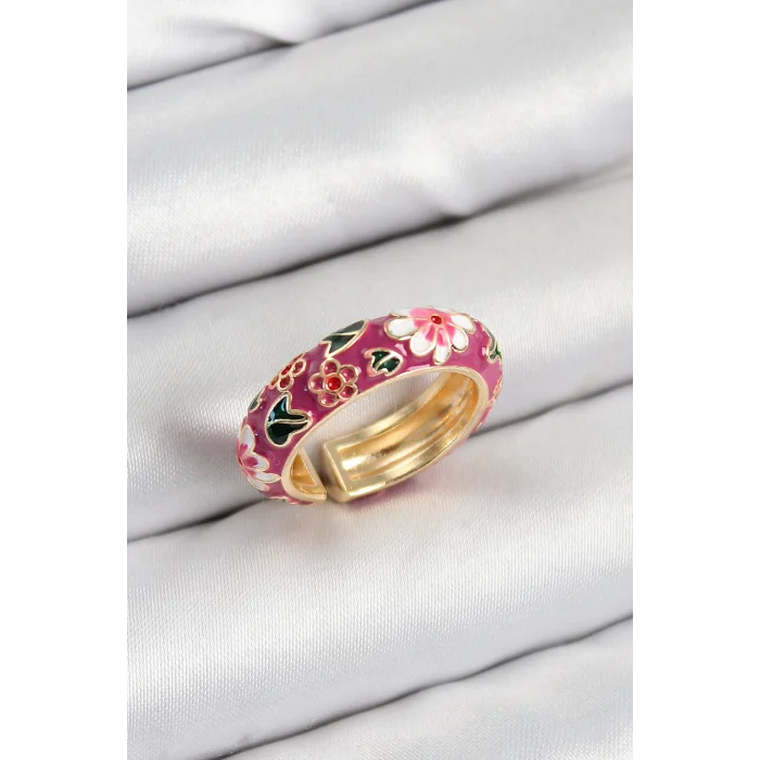 Pirinç Fuşya Mineli Çiçek Motifli Gold Renk Ayarlanabilir Kadın Yüzük
