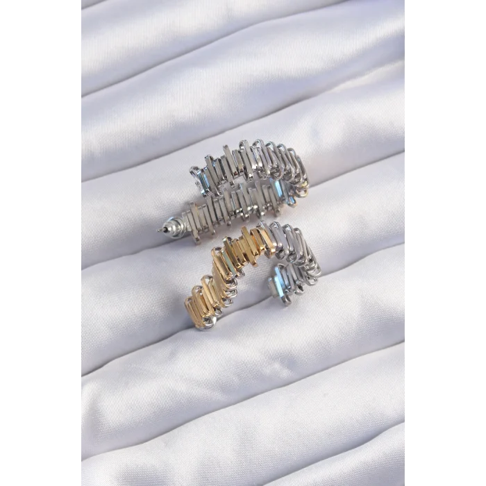 Pirinç Gold Gümüş Renkli Tırtıklı Kalp Küpe