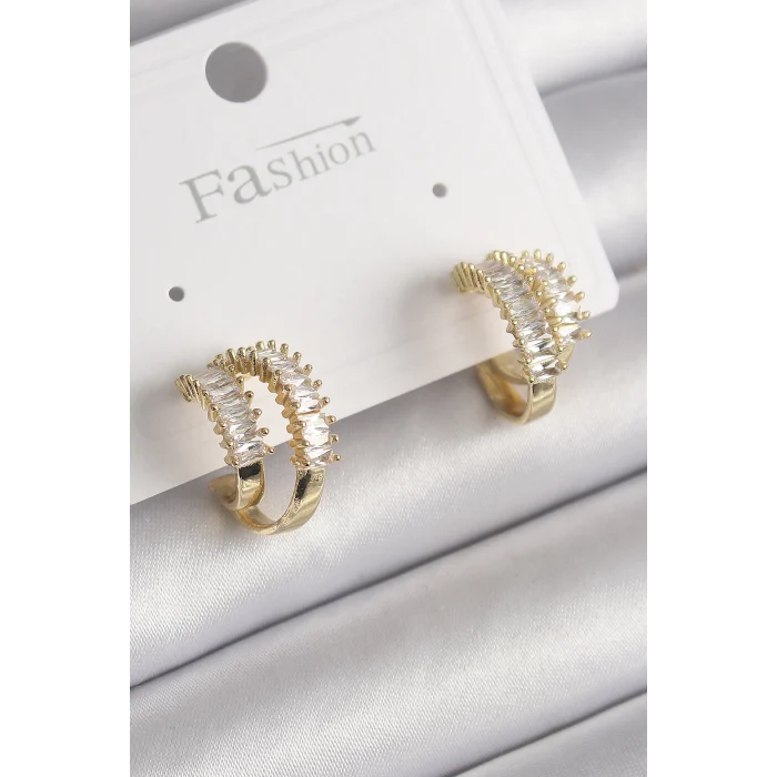 Pirinç Gold Renk 2Li Zirkon Taşlı Halka Model Kadın Küpe