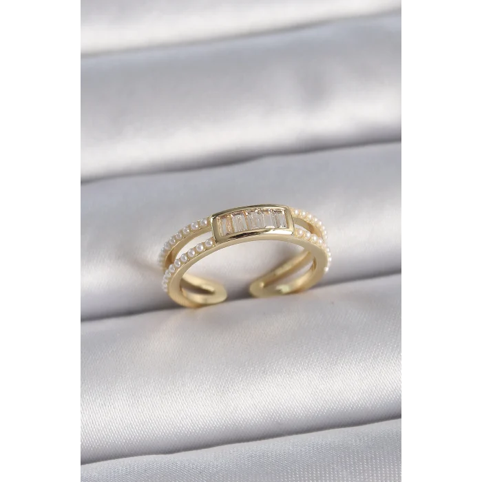 Pirinç Gold Renk Ayarlanabilir Sıralı İncili Zirkon Taş Detaylı Kadın Yüzük