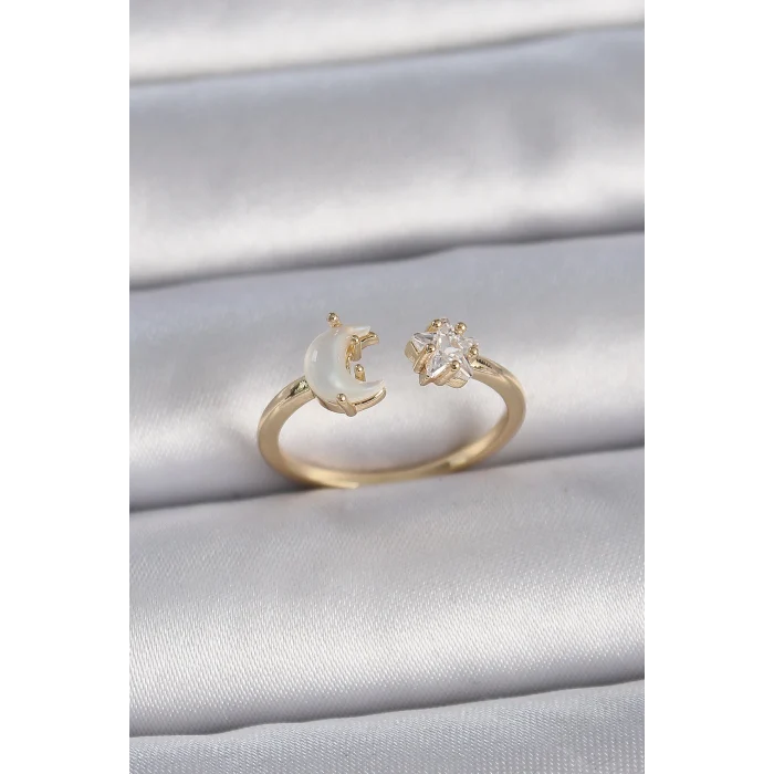 Pirinç Gold Renk İncili Hilal Zirkon Taşlı Yıldız Ayarlanabilir Model Kadın Yüzük