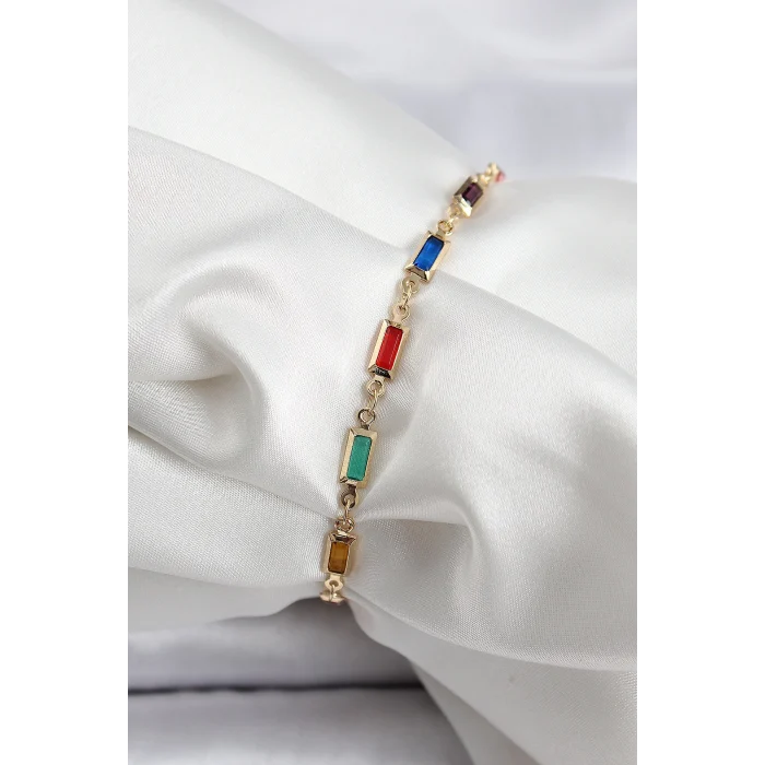 Pirinç Gold Renk Karışık Renkli Kare Zirkon Taşlı Kadın Bileklik