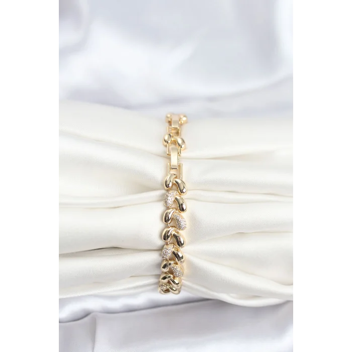 Pirinç Gold Renk Vıp Seri Sarmal Damla Model Zirkon Taşlı Kadın Bileklik