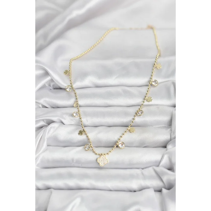 Pirinç Gold Renk Yonca Model Kadın Kolye