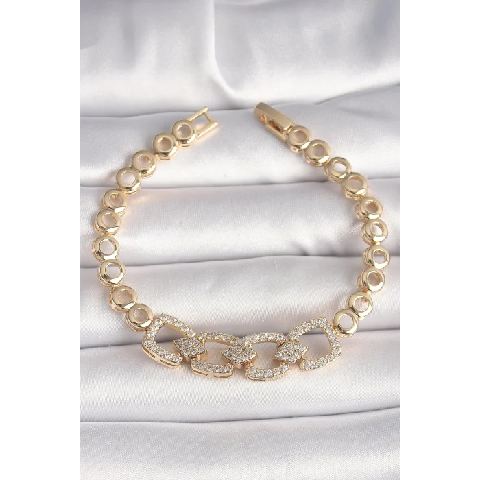 Pirinç Gold Renk Zirkon Taşlı Daire Zincir Model Kadın Bileklik