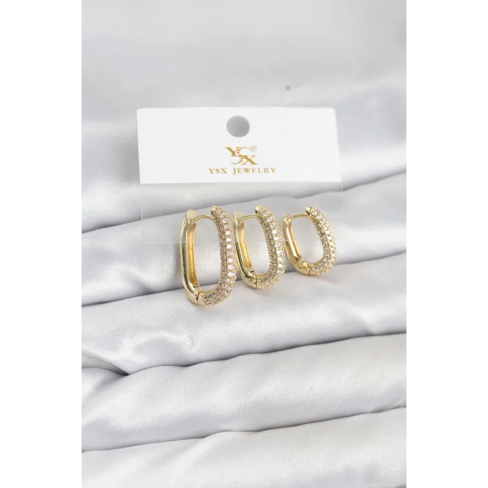 Pirinç Gold Renk Zirkon Taşlı Halka Model YSX Trio Küpe Seti