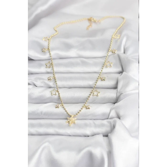 Pirinç Gold Renk Zirkon Taşlı Kutup Yıldızı Model Kadın Kolye