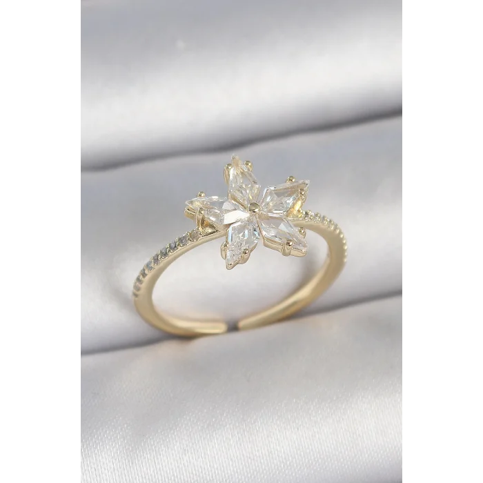 Pirinç Gold Renk Zirkon Taşlı Yıldız Model Ayarlanabilir Kadın Yüzük