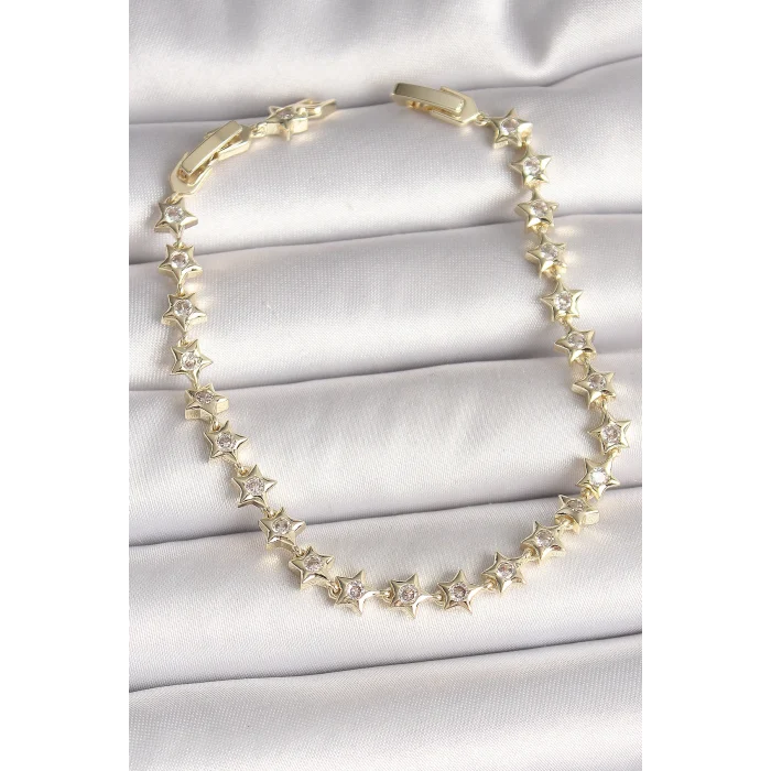 Pirinç Gold Renk Zirkon Taşlı Yıldız Model VIP Seri Kadın Bileklik
