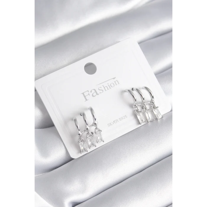 Pirinç Gümüş Renk 3lü Sallantı Zirkon Taşlı Küpe