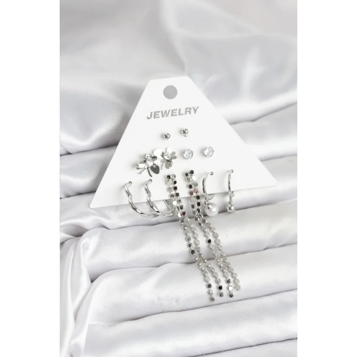 Pirinç Gümüş Renk 6 Çift Kadın Küpe