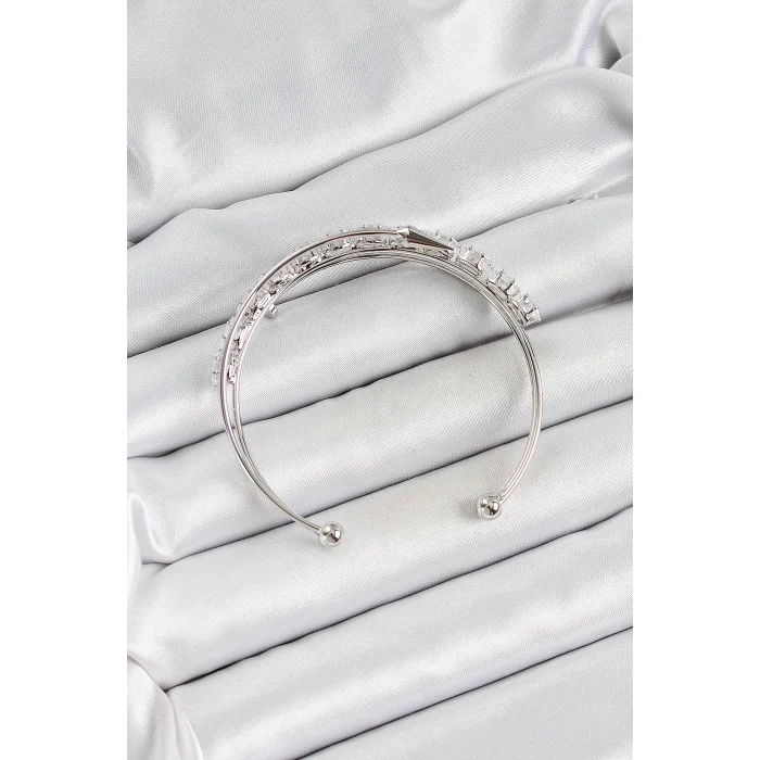 Pirinç Gümüş Renk Arpa Zirkon Taşlı Kadın Bileklik