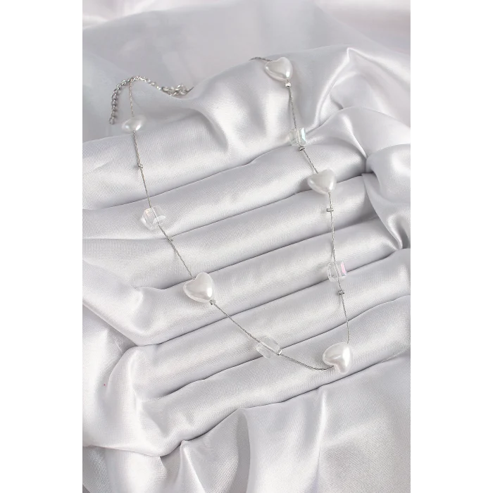 Pirinç Gümüş Renk Beyaz İnci Kalp Model Kadın Kolye