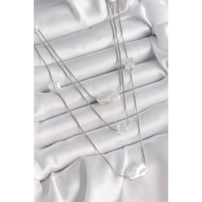 Pirinç Gümüş Renk Ezme İnci Model Çoklu Kadın Kolye