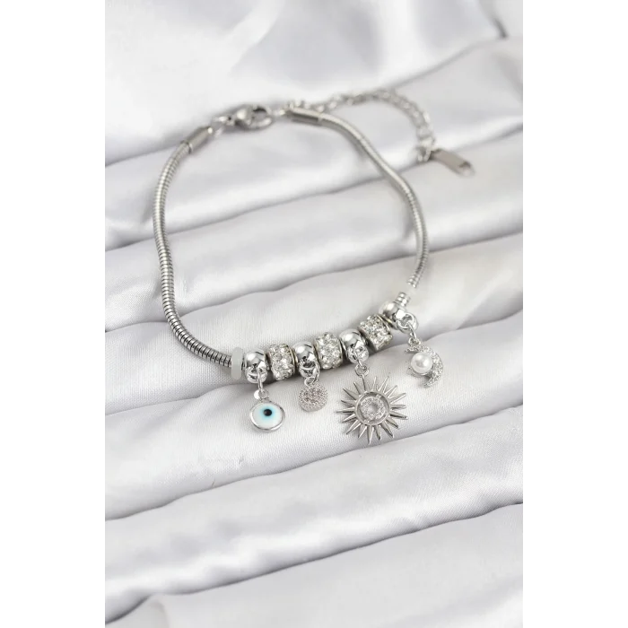 Pirinç Gümüş Renk Güneş Charmlı Kadın Bileklik