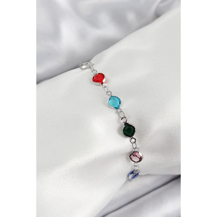 Pirinç Gümüş Renk Karışık Renk Zirkon Taşlı Kadın Bileklik