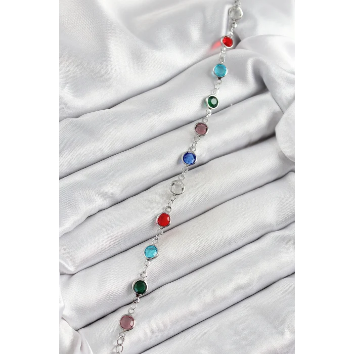 Pirinç Gümüş Renk Karışık Renk Zirkon Taşlı Kadın Bileklik