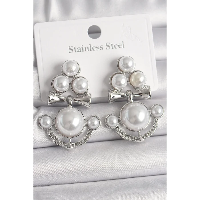 Pirinç Gümüş Renk Sallantı İncili Çapa Model Kadın Küpe