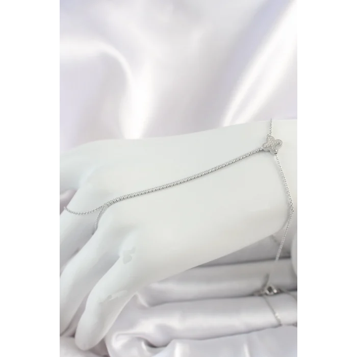 Pirinç Gümüş Renk Su Yolu Zirkon Taşlı İşlemeli Yonca Model Kadın Şahmeran