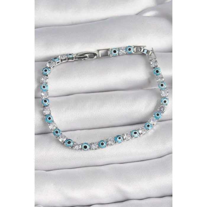 Pirinç Gümüş Renk Su Yolu Zirkon Taşlı Nazar Boncuklu Kadın Bileklik