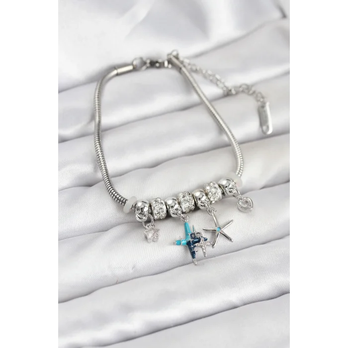 Pirinç Gümüş Renk Yıldız Model Charmlı Kadın Bileklik