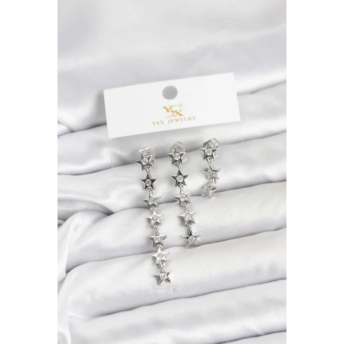 Pirinç Gümüş Renk Yıldız Model YSX Trio Küpe Seti