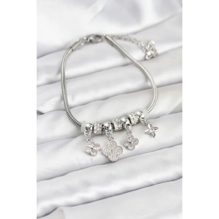 Pirinç Gümüş Renk Yonca Model Kadın Bileklik